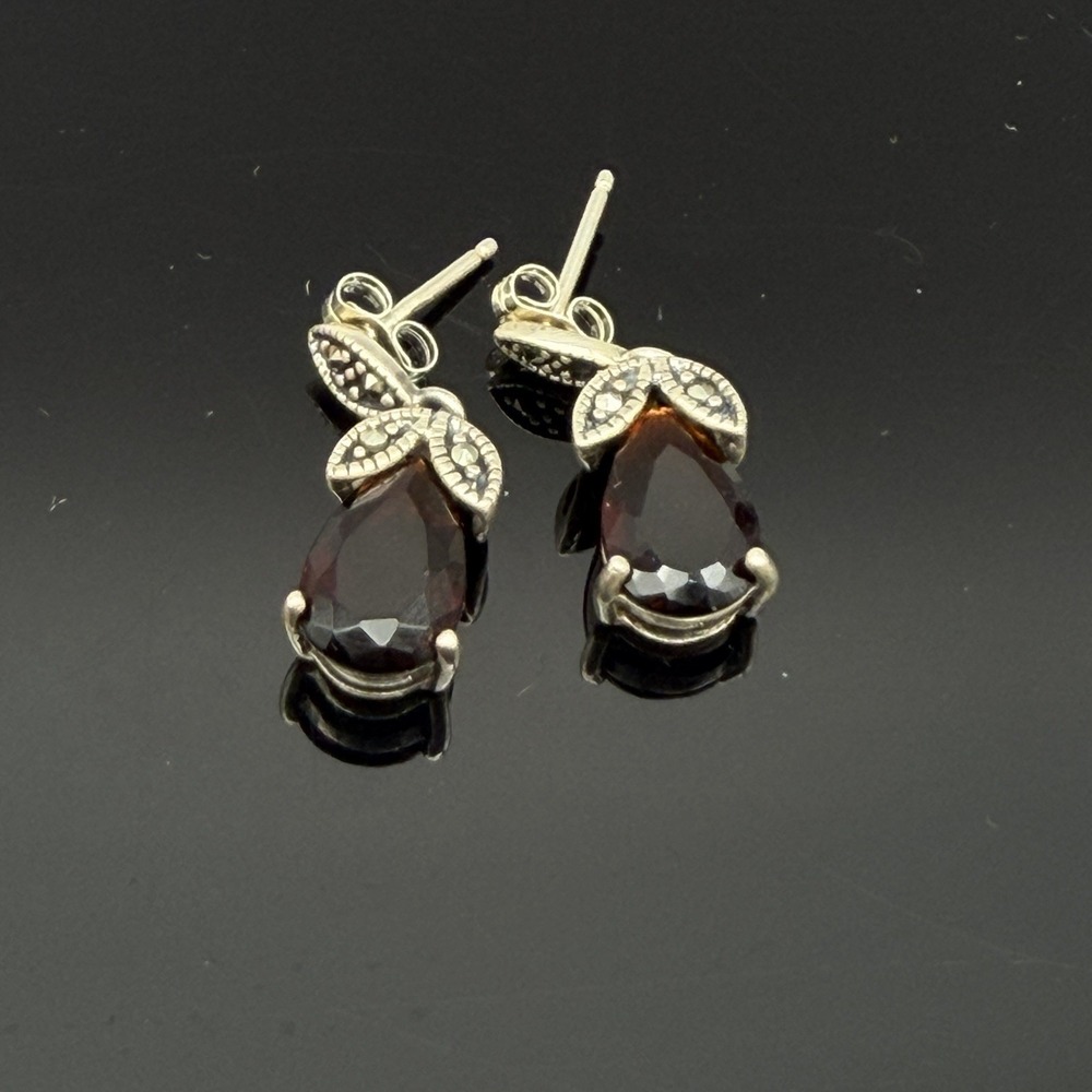Sterling Silver Drop Pierced Earrings Teardrop Dark Brown Crystal Marcasite